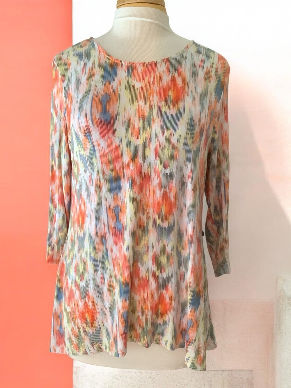intro. Orange, Coral & Blue Abstract Stretch Knit Top